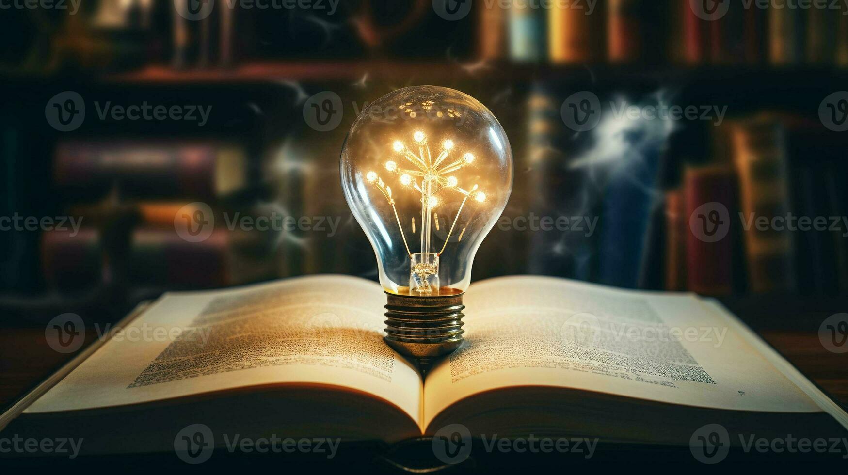 Book gives Ideas. Light bulb on an open book symbolizes inspiration. Ideal for creative concepts photo