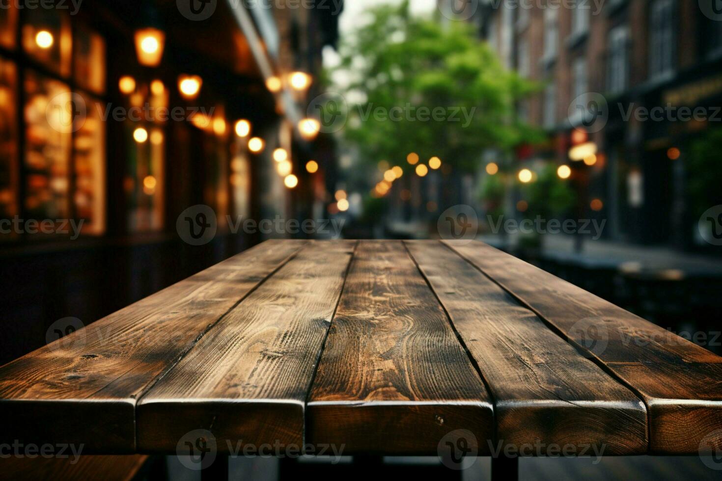 Aged wooden table platform amid caf blur versatile space for product display compositions AI Generated photo