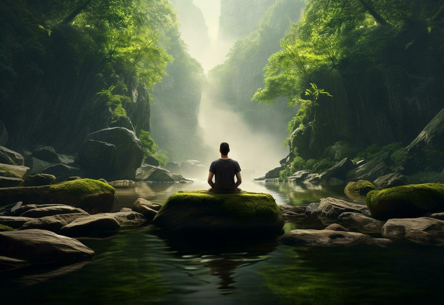 ai generative photo of a man practicing mindfulness and meditation in a peaceful natural environment sony A7s realistic image, ultra hd, high design very detailed