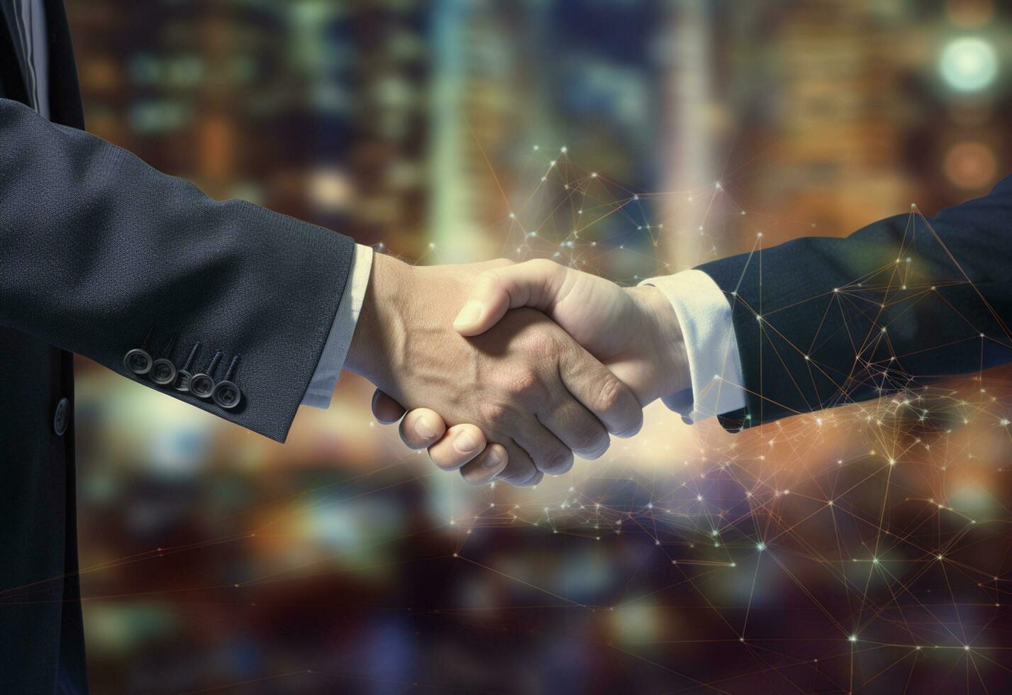 Ai generative photo american business male people shaking hands skyscrapers in the background