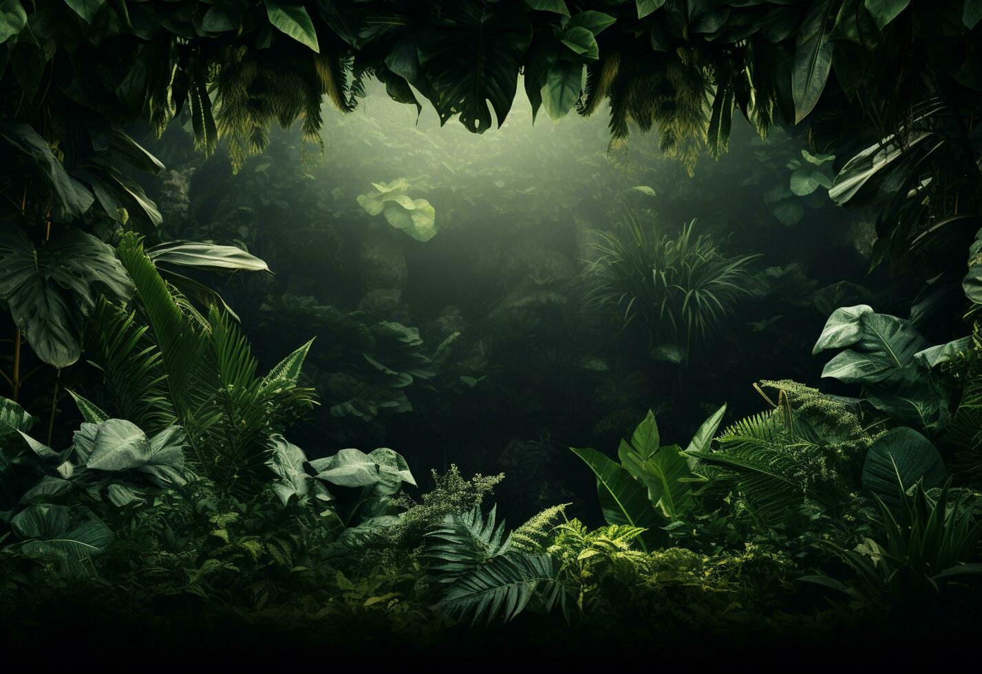 Beautiful jungle background with border made of tropical leaves backdrop with copy space photo