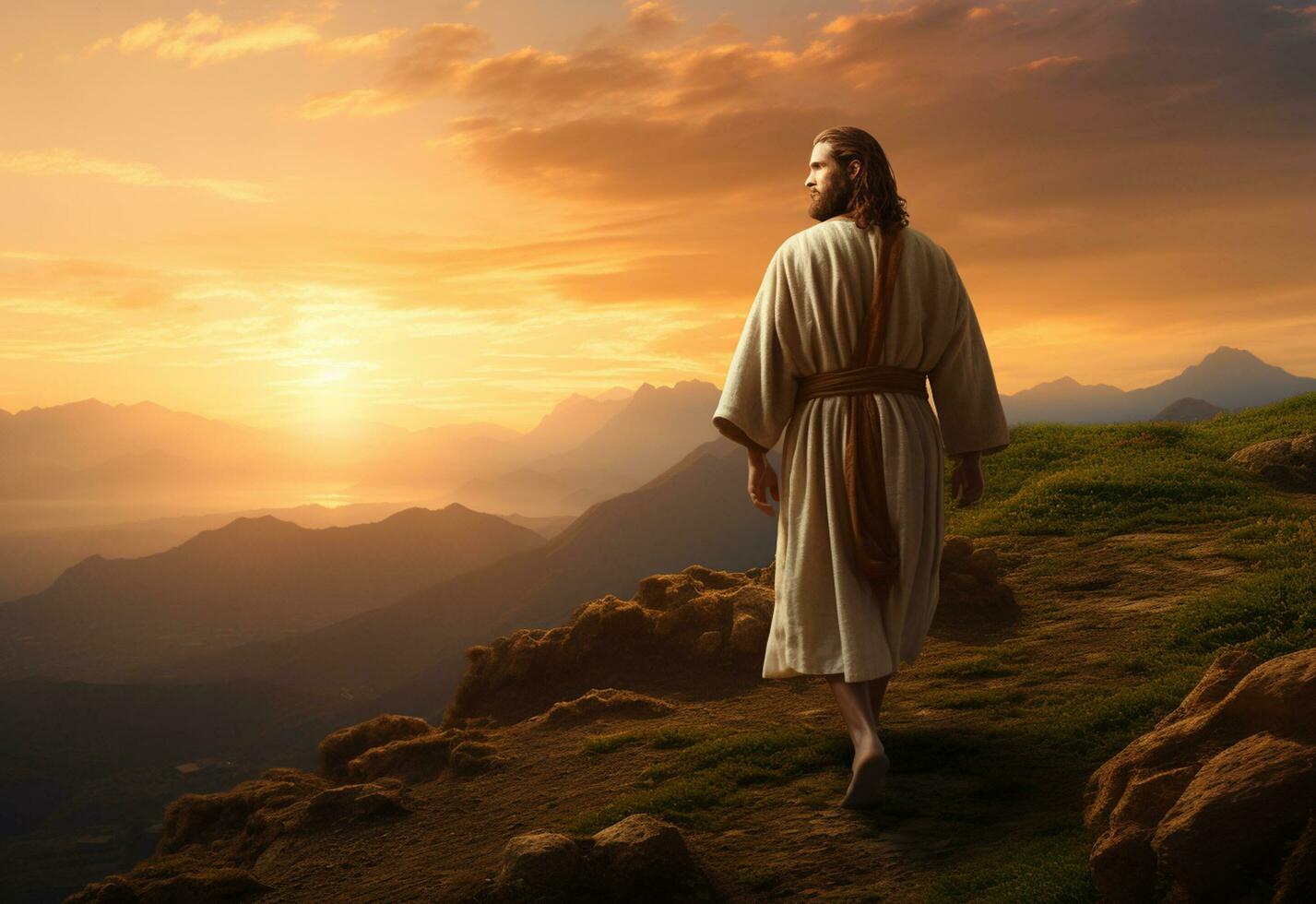 Ai generative Jesus Christ in the Hills at Sunset in Bolta realistic image, ultra hd, high design very detailed 8K photo