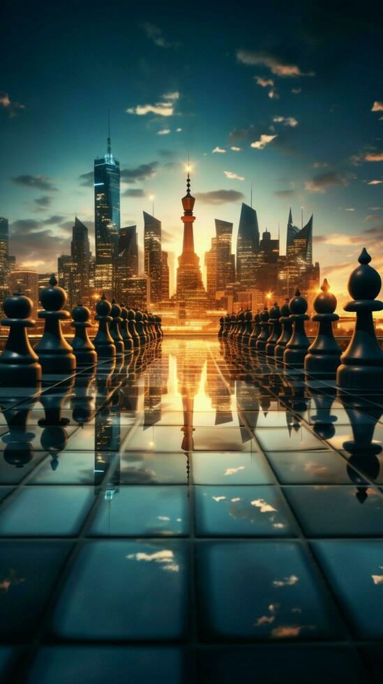Generative AI conjures chess pieces amidst a futuristic city skyline Vertical Mobile Wallpaper AI Generated photo