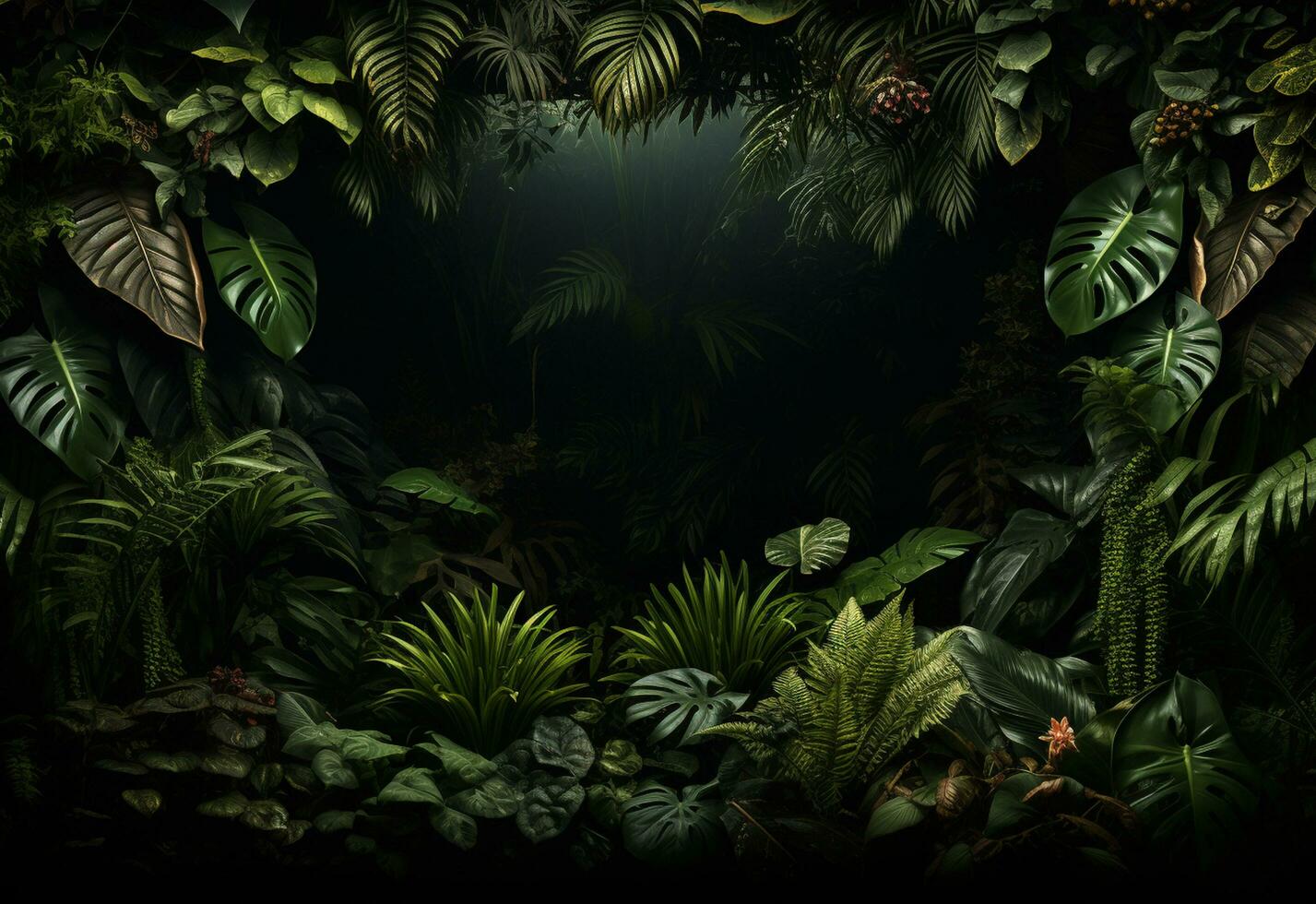 Beautiful jungle background with border made of tropical leaves backdrop with copy space photo
