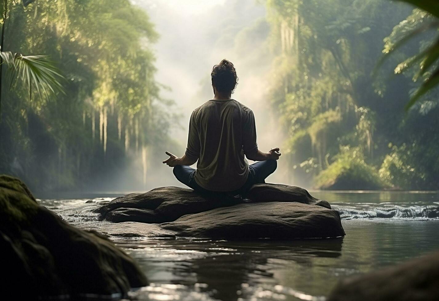 ai generative photo of a man practicing mindfulness and meditation in a peaceful natural environment sony A7s realistic image, ultra hd, high design very detailed