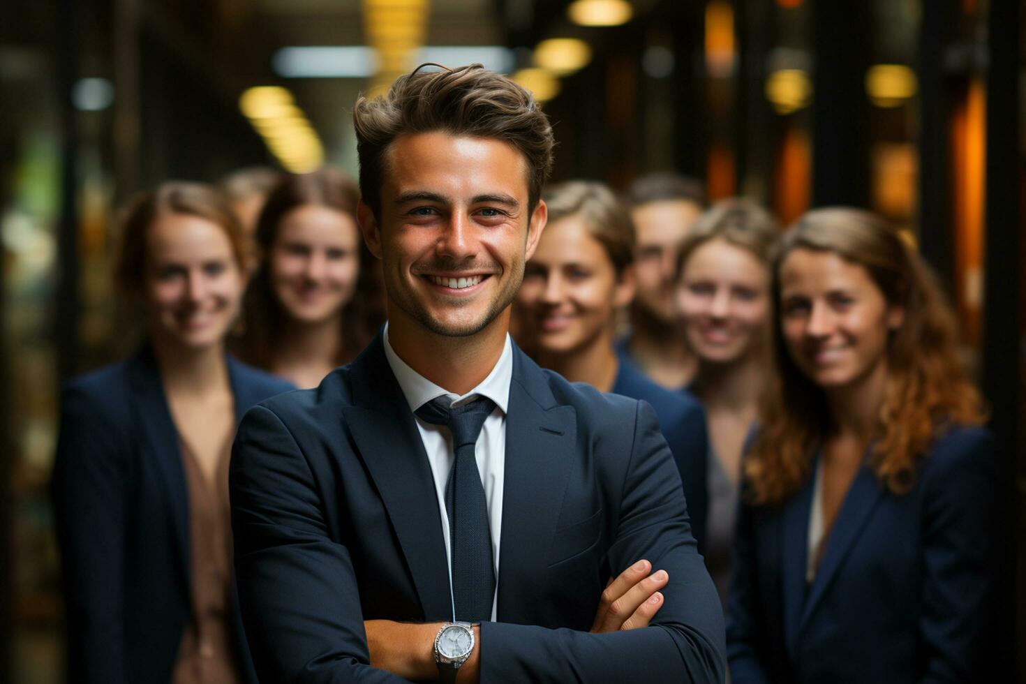 Ai Generative group of happy business man and business women, dressed in suits are smiling, in the office photo