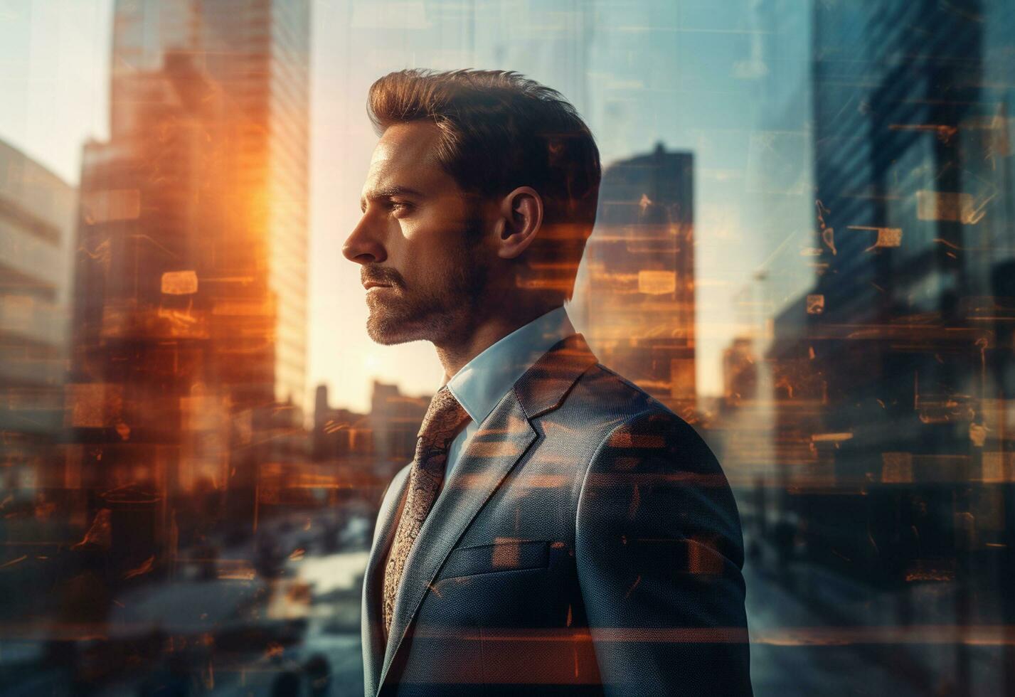 Ai generative A Double Exposure of a Businessman in the Cityscape Embodies Success and Future Plans photo