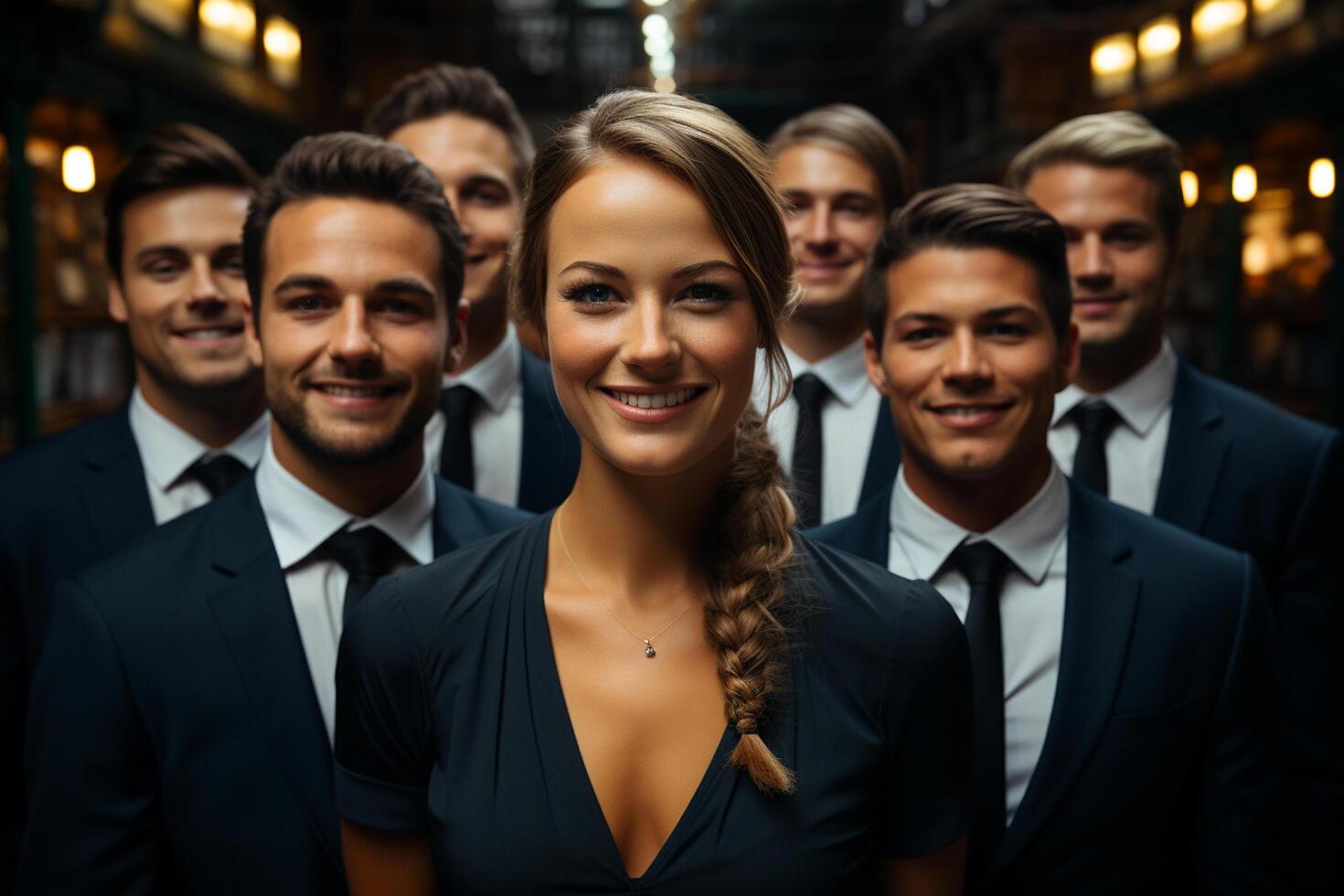 Ai Generative group of happy business man and business women, dressed in suits are smiling, in the office photo