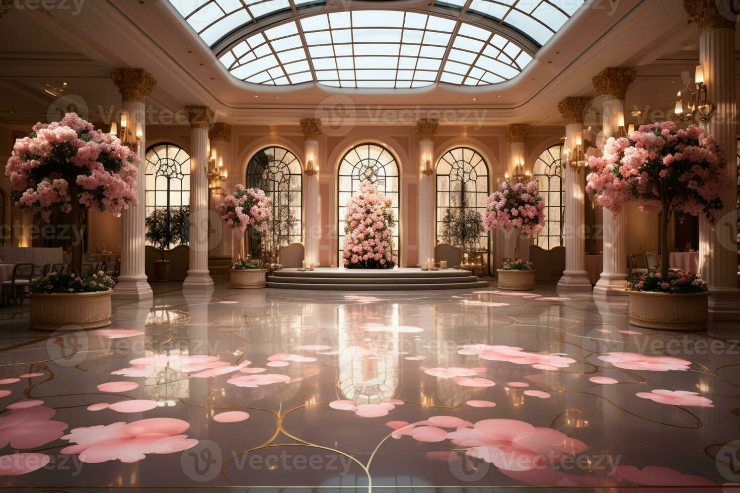 elegante celebracion espacio banquete salón con escenario, danza piso, y flores ai generado foto