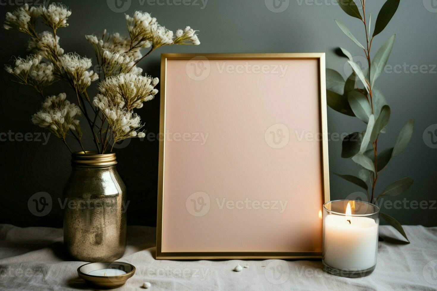 Blank photo frame and a glass jar candle, a tableau of memories AI Generated