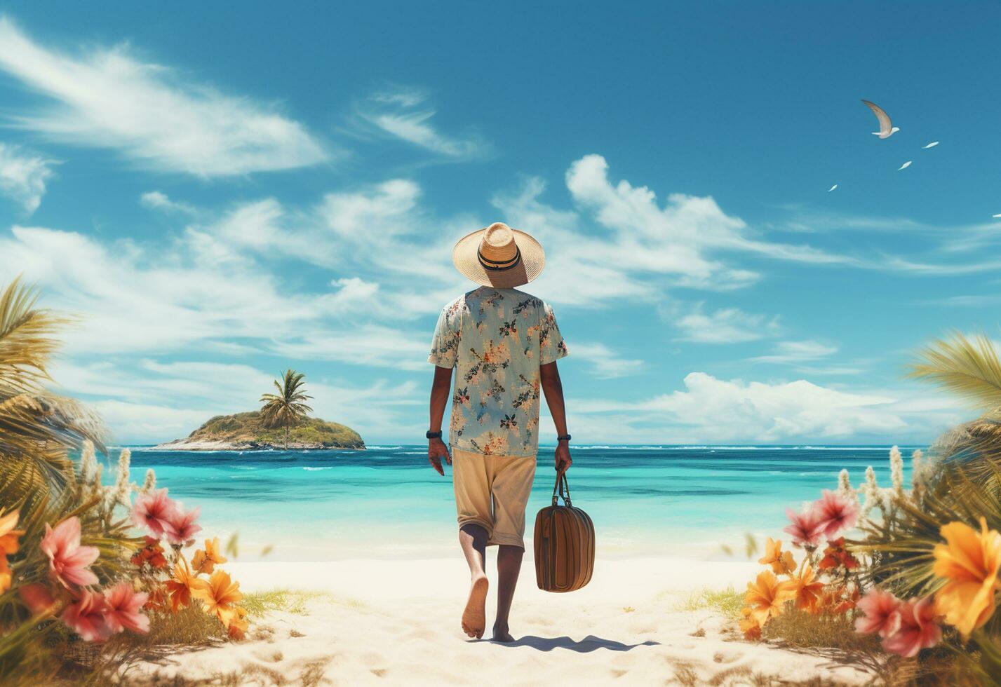 Ai generative back view young tourist man in summer dress and hat standing on beautiful sandy beach. enjoying. photo