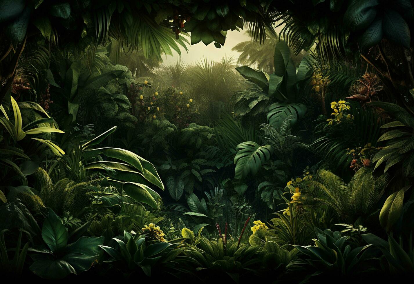 Beautiful jungle background with border made of tropical leaves backdrop with copy space photo