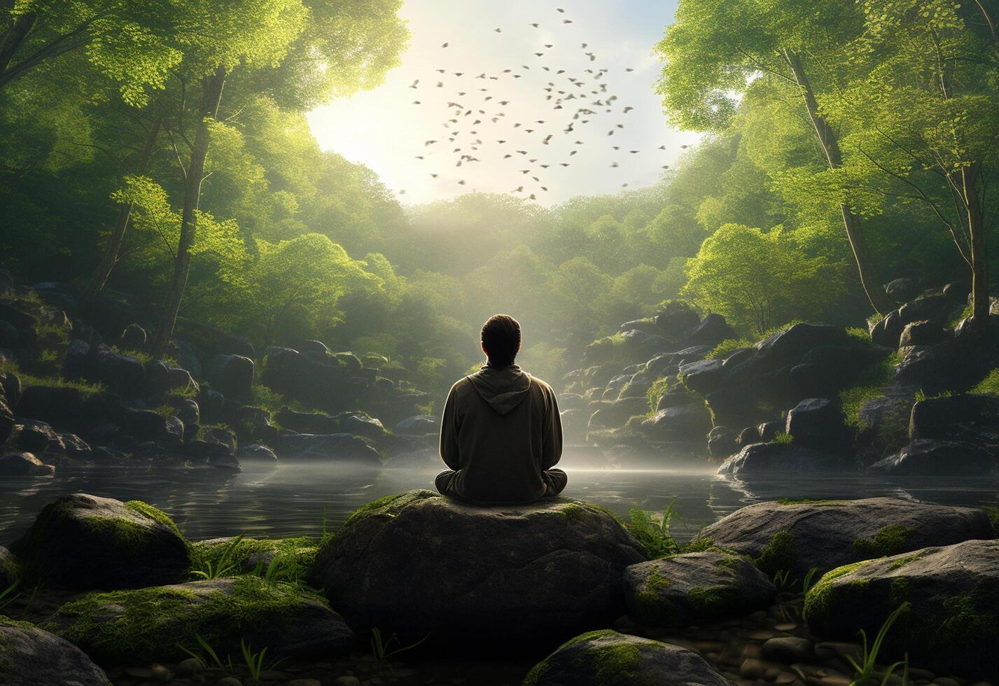ai generative photo of a man practicing mindfulness and meditation in a peaceful natural environment sony A7s realistic image, ultra hd, high design very detailed