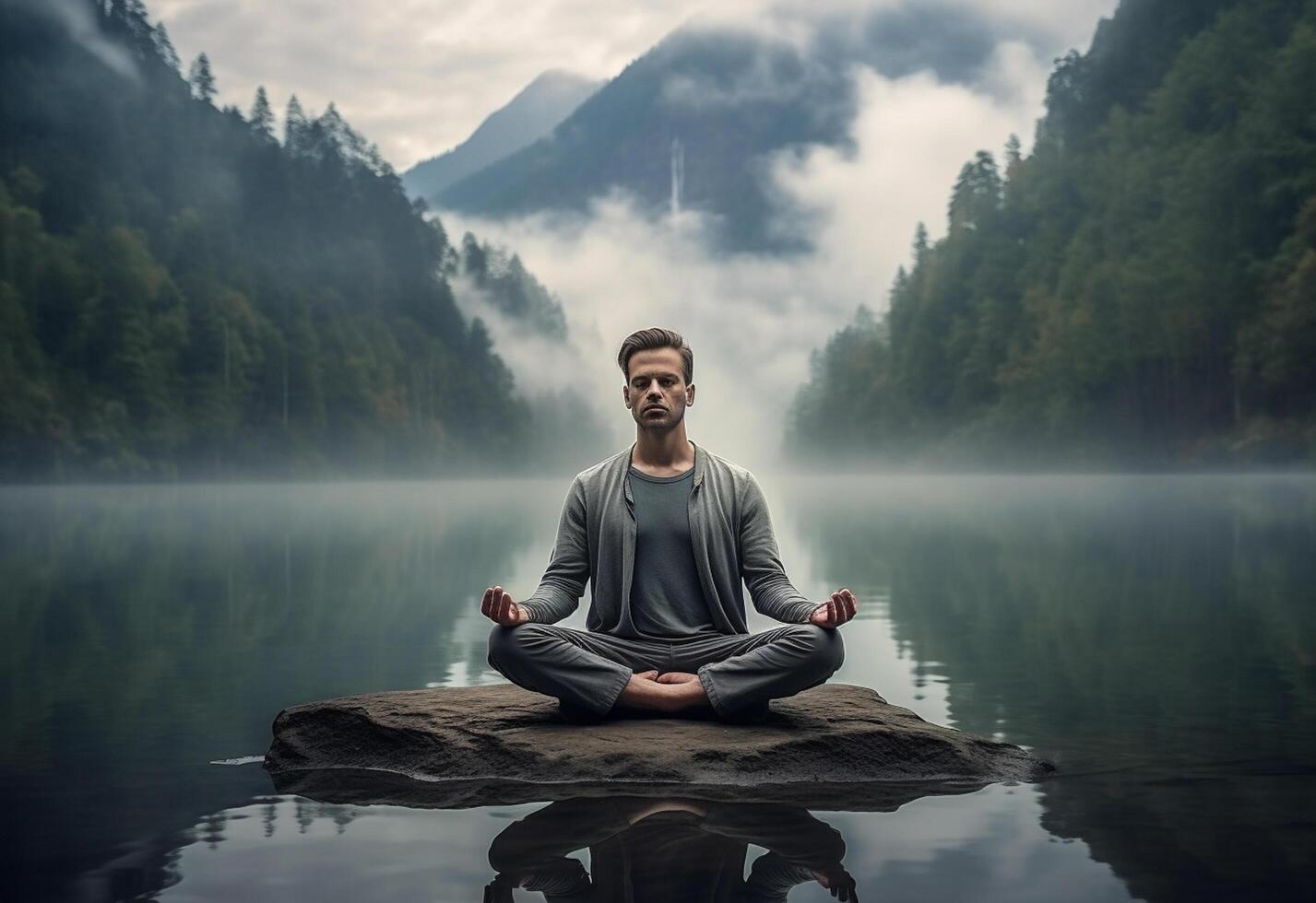 ai generative photo of a man practicing mindfulness and meditation in a peaceful natural environment sony A7s realistic image, ultra hd, high design very detailed