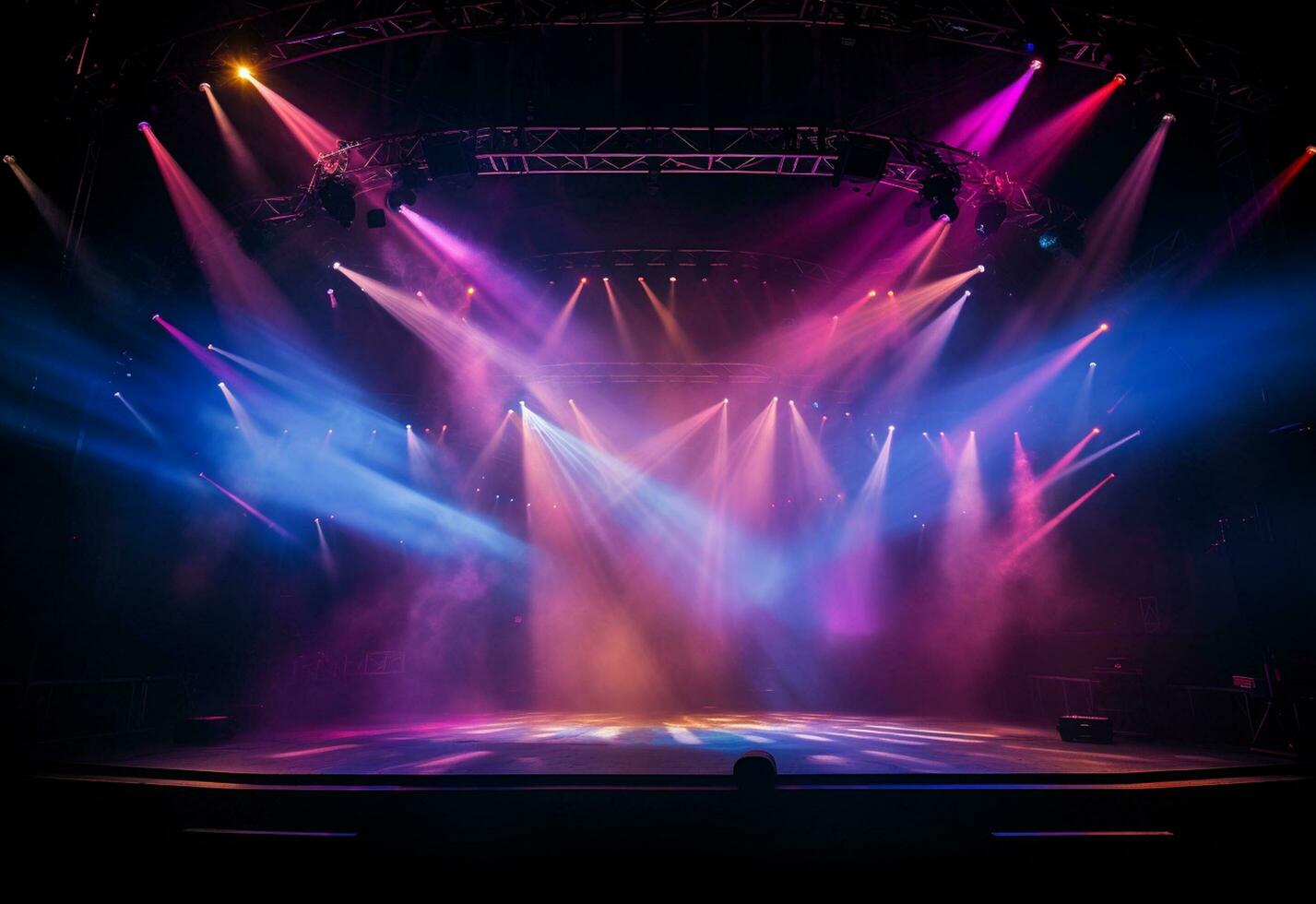 Ai generative Concert Stage Scenery With Spotlights Colored Lights Smoke photo