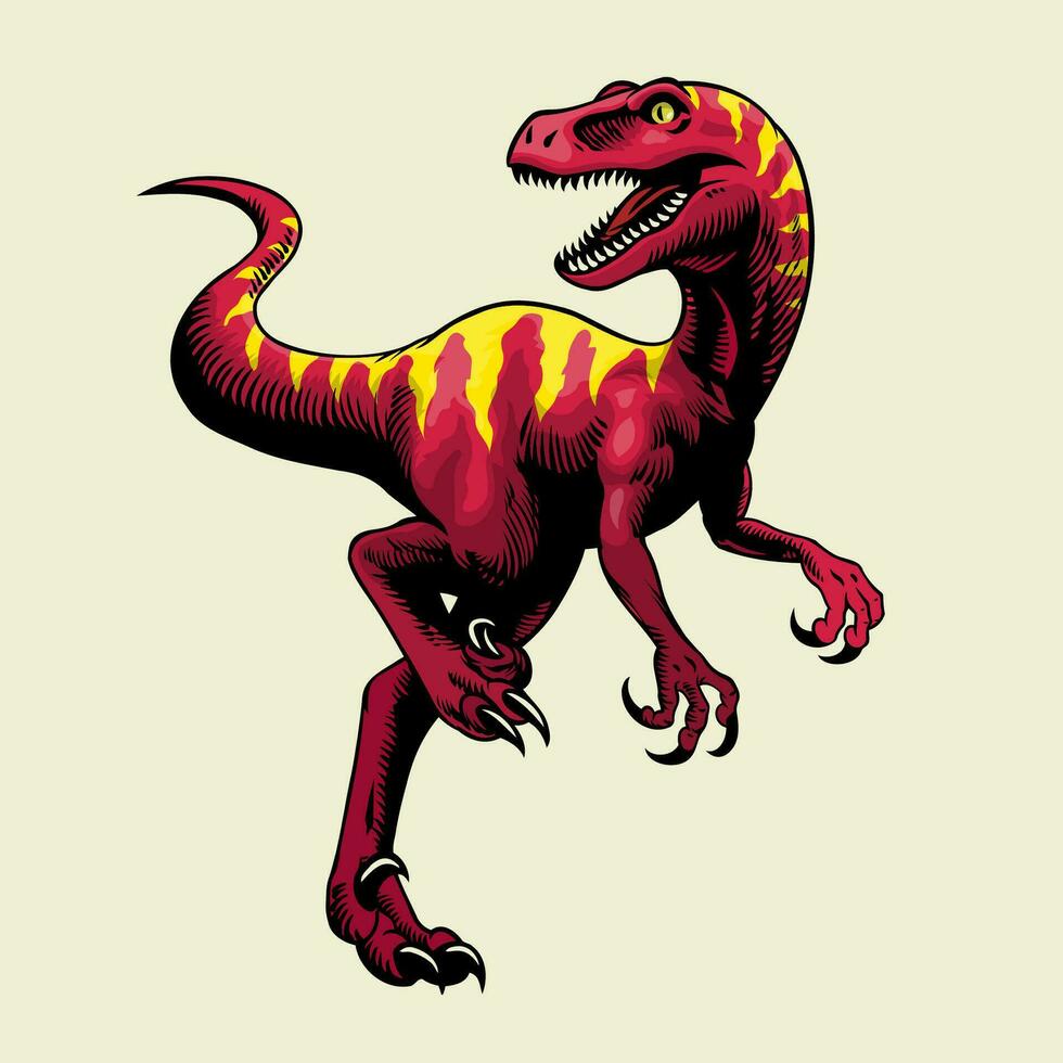 Angry Red Velociraptor dinosaur in vintage handdrawn style vector