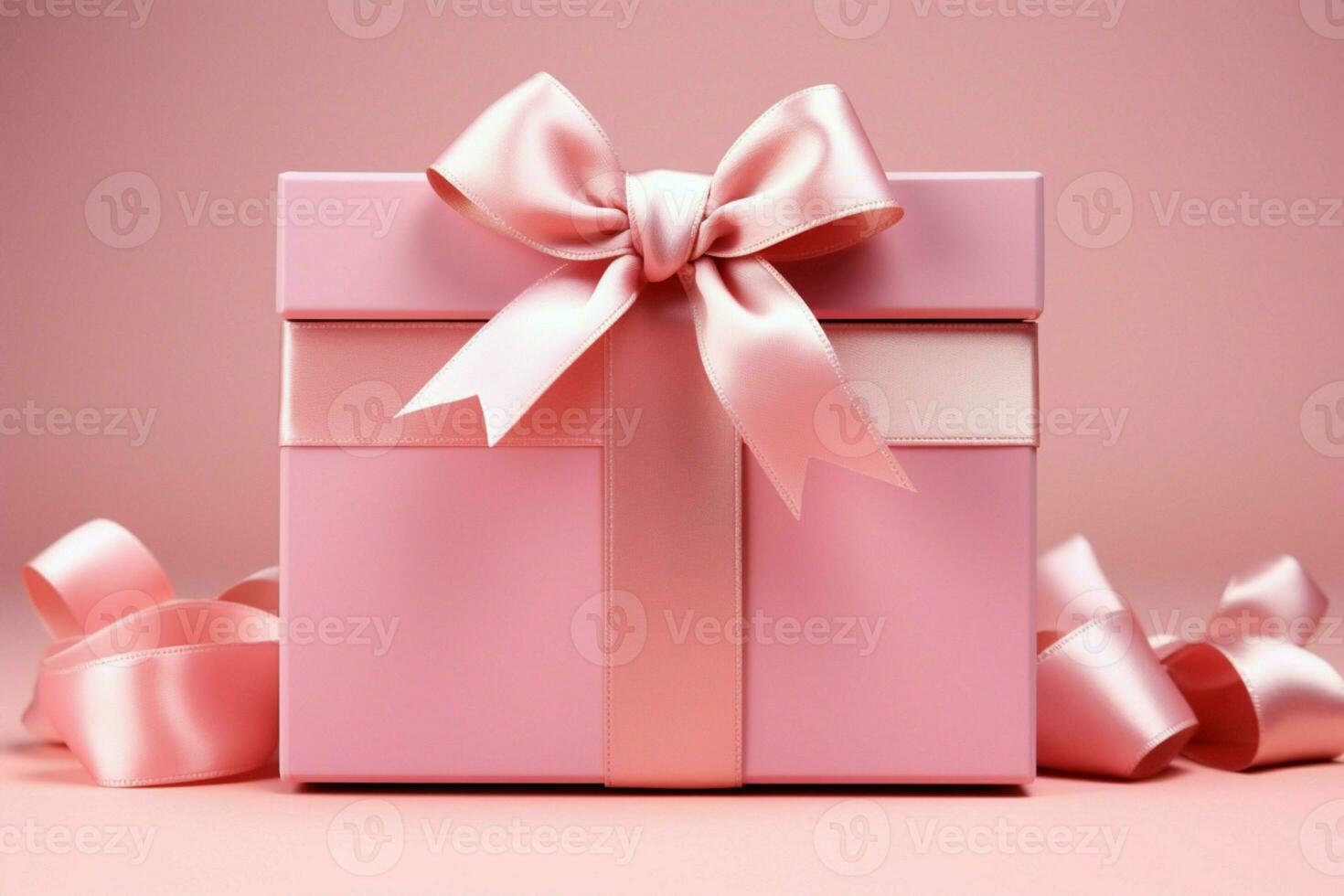 Soft pastel Blank pink gift box with ribbon on isolated pink backdrop. AI Generated photo