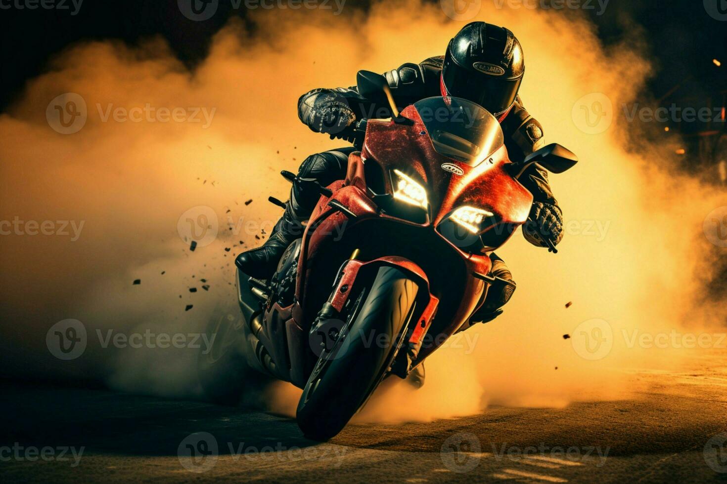 Extreme athletes navigate race track on sport motorcycles, racing for ultimate triumph AI Generated photo