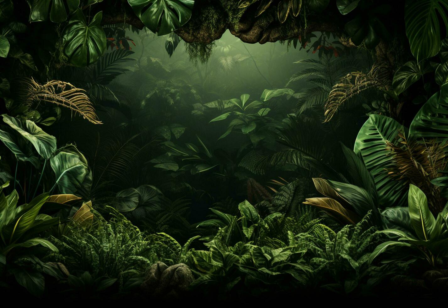 Ai Generative Beautiful jungle background with border made of tropical leaves backdrop with copy space photo