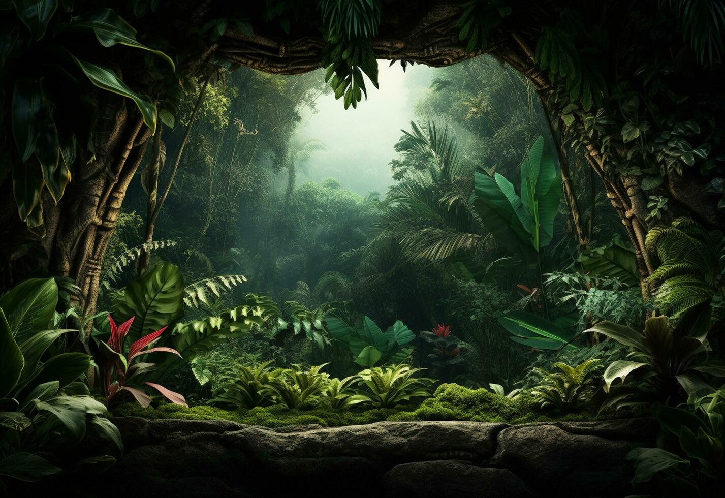 Ai Generative Beautiful jungle background with border made of tropical leaves backdrop with copy space photo