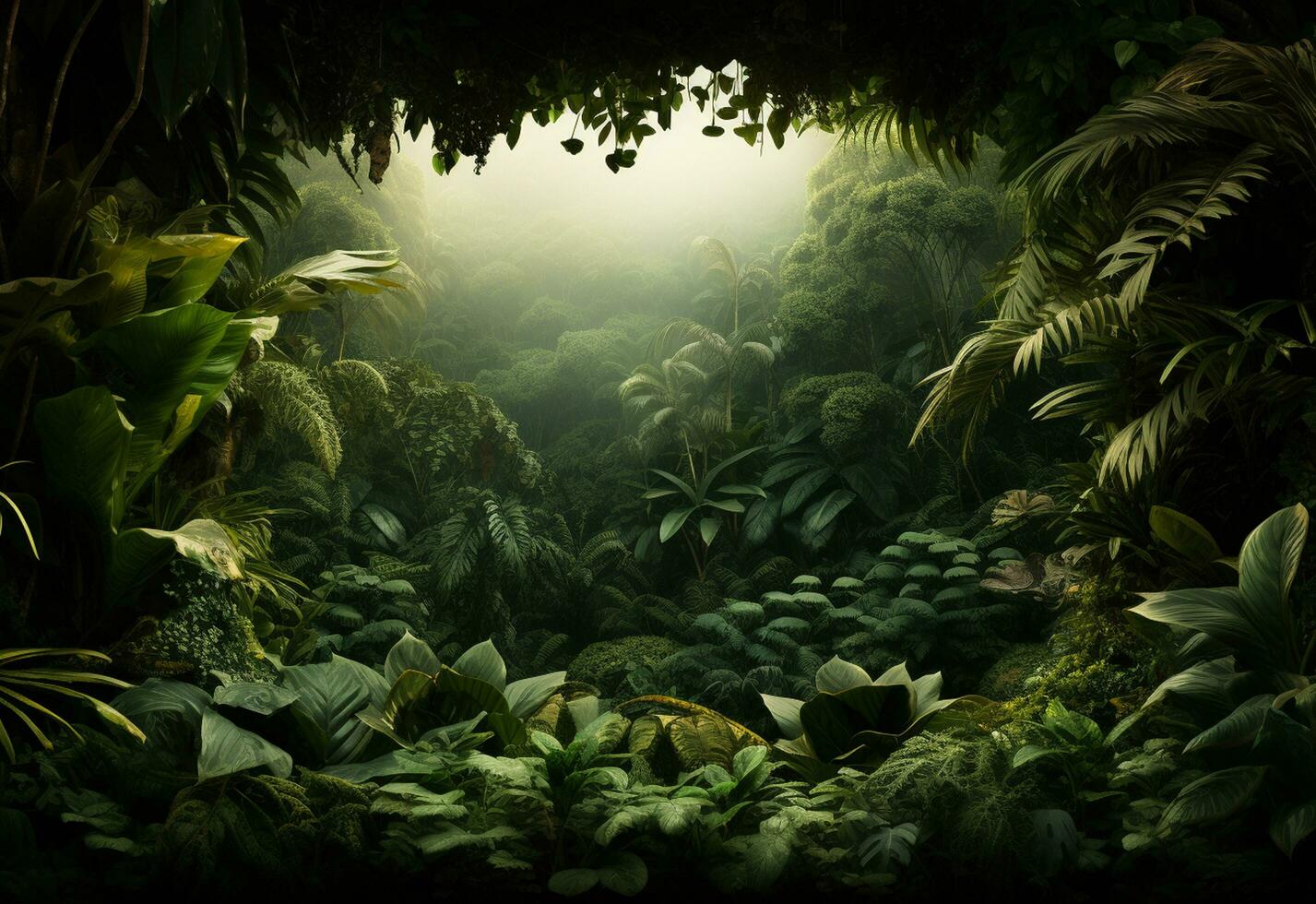 Ai Generative Beautiful jungle background with border made of tropical leaves backdrop with copy space photo