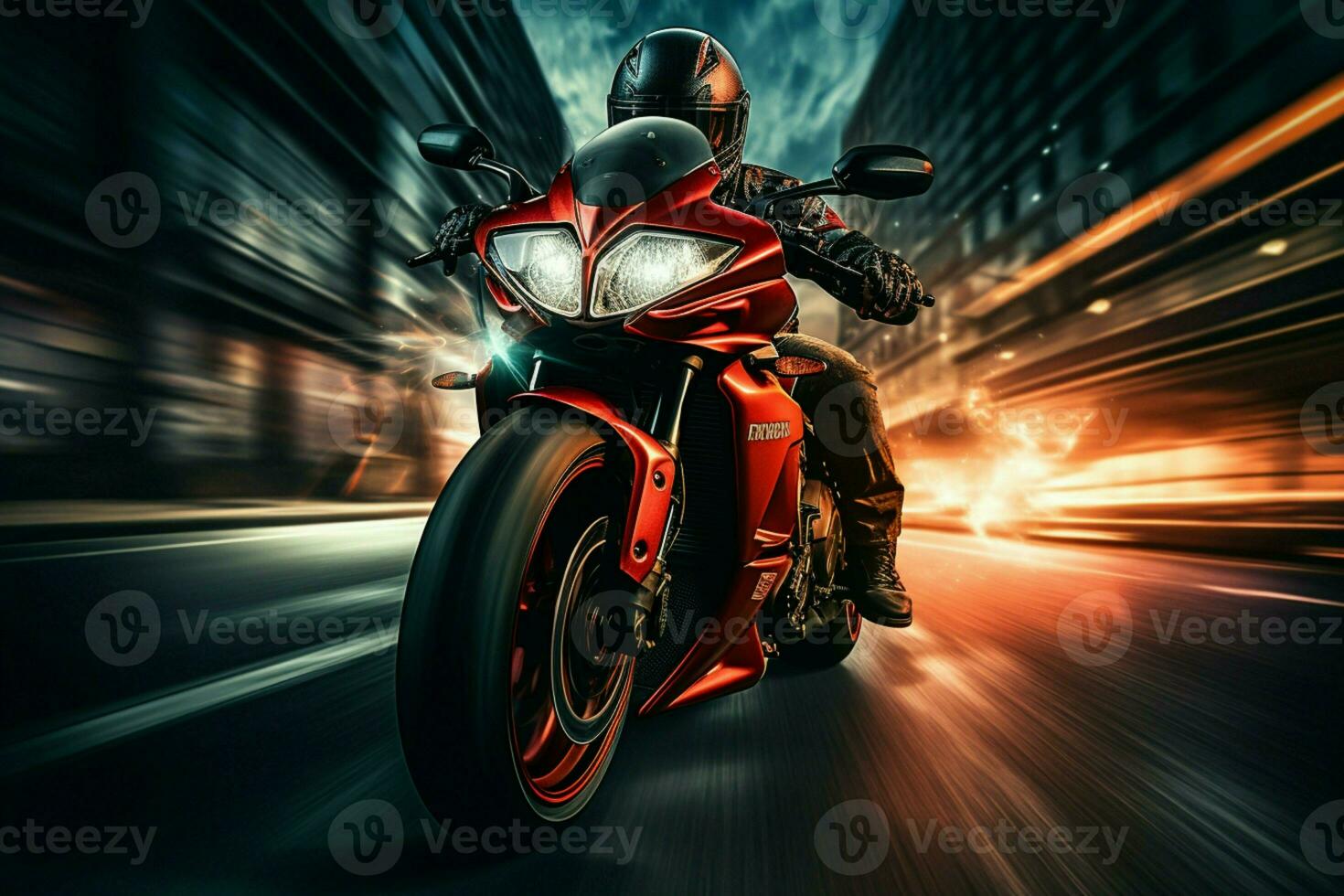 Motion blurred highway ride, biker on red motorcycle captivates in frontal perspective AI Generated photo