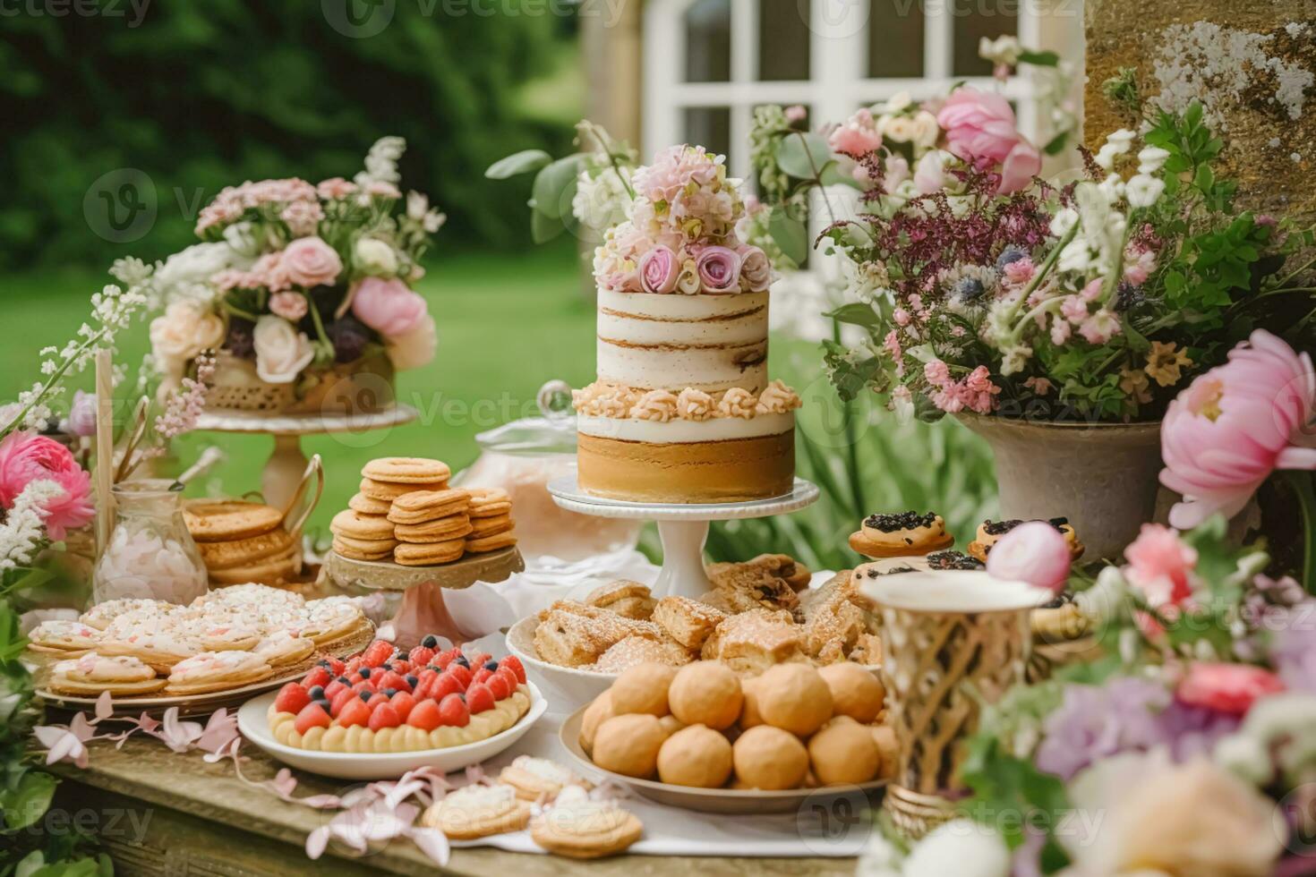 Boda pastel con floral decoración, fiesta celebracion y fiesta postre abastecimiento en un país jardín, generativo ai foto