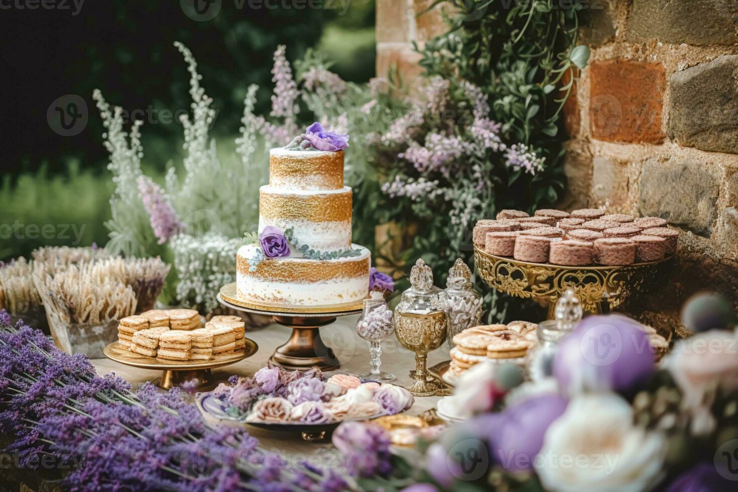 Boda pastel con lavanda floral decoración, fiesta celebracion y fiesta postre en un campo jardín, evento comida abastecimiento, país cabaña estilo, generativo ai foto