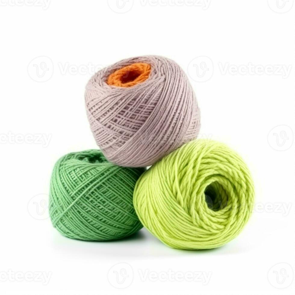 Yarn balls for knitting and crochet isolated on white background, cotton wool clews and skeins as natural organic material for knitwear, diy handmade fashion, generative ai photo