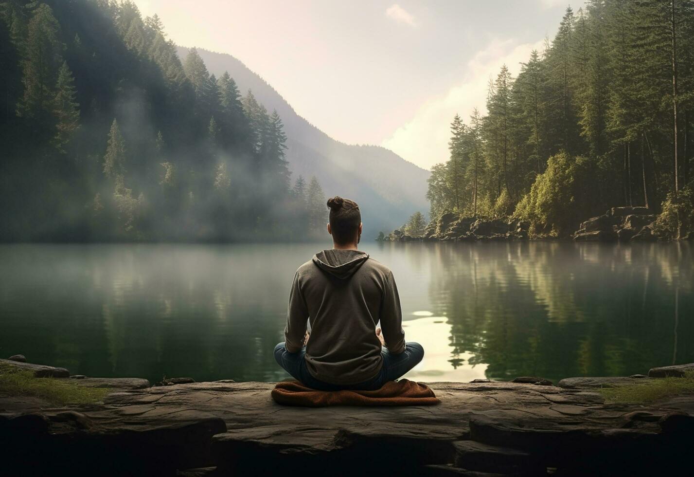 ai generative photo of a man practicing mindfulness and meditation in a peaceful natural environment sony A7s realistic image, ultra hd, high design very detailed