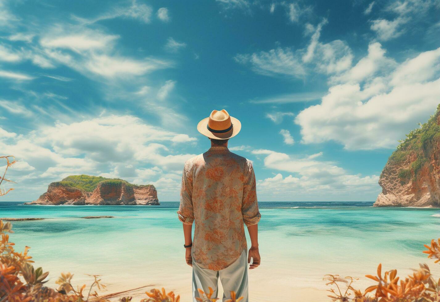 Ai generative back view young tourist man in summer dress and hat standing on beautiful sandy beach. enjoying. photo