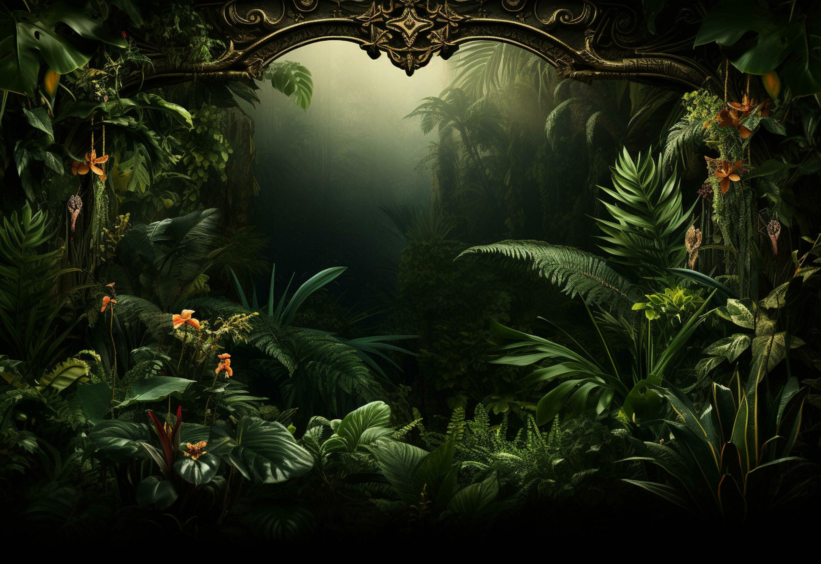 Beautiful jungle background with border made of tropical leaves