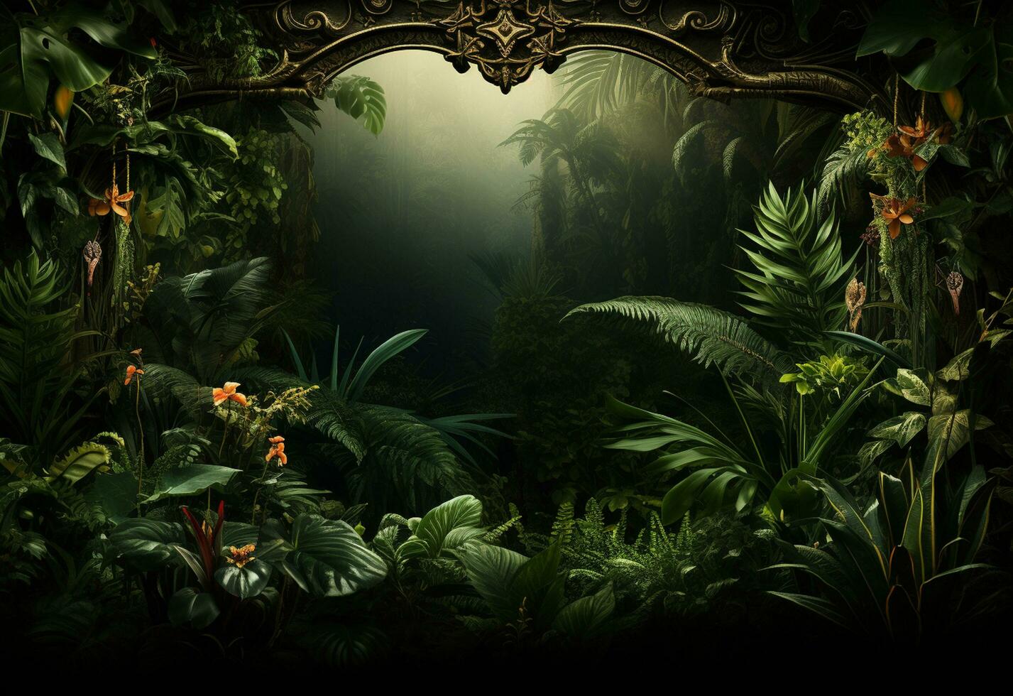 Beautiful jungle background with border made of tropical leaves backdrop with copy space photo