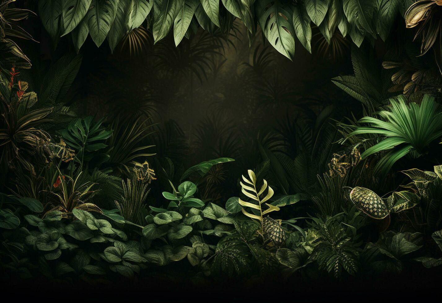 Ai Generative Beautiful jungle background with border made of tropical leaves backdrop with copy space photo