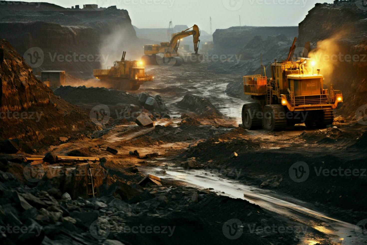 Mining site Numerous heavy trucks, excavators shape coal mine area, bustling with industry. AI Generated photo