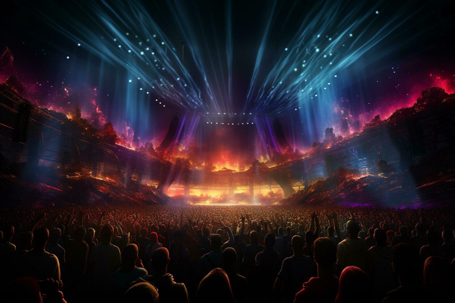 Ai generative Crowded Concert Stage Scenery With Spotlights and Colored Lights realistic image, ultra hd photo