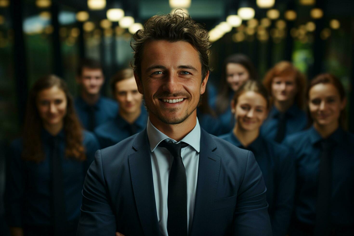 Ai Generative group of happy business man and business women, dressed in suits are smiling, in the office photo