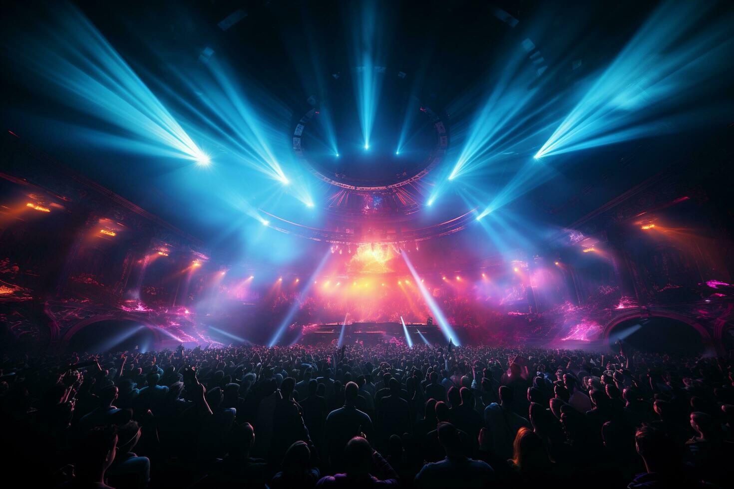 Ai generative Crowded Concert Stage Scenery With Spotlights and Colored Lights realistic image, ultra hd photo