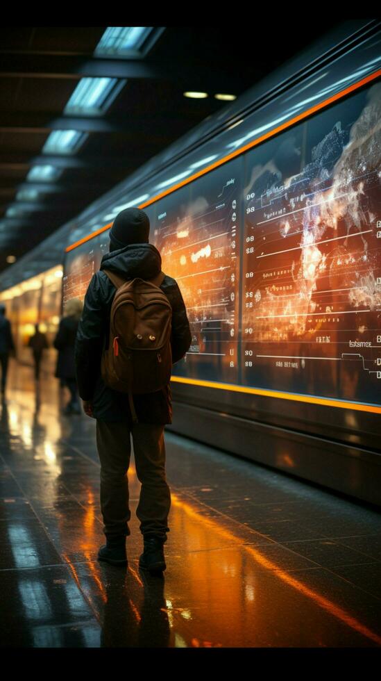 conveniente vuelo informacion en mostrar, estrella de guía viajeros a el bullicioso aeropuerto vertical móvil fondo de pantalla ai generado foto