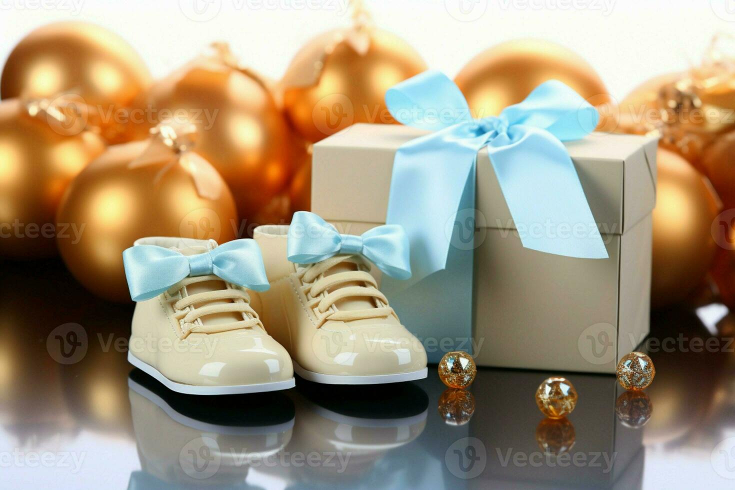 Lovely babys bootees, blank postcard, and a pacifier make beautiful gifts AI Generated photo