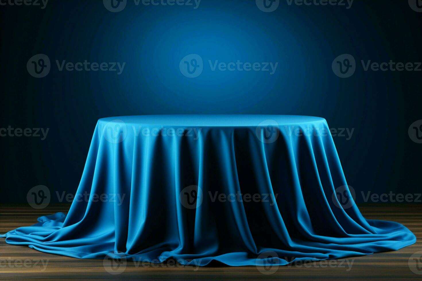 Round table with blue fabric tablecloth, matching background, and knit curtains AI Generated photo