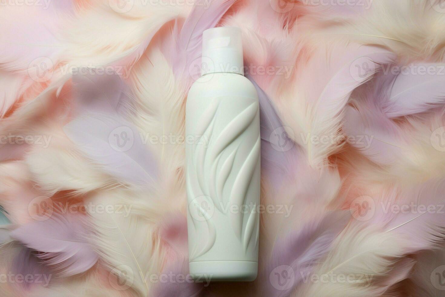 Branding mockup for spa cream bottle on a feathered background flat lay AI Generated photo