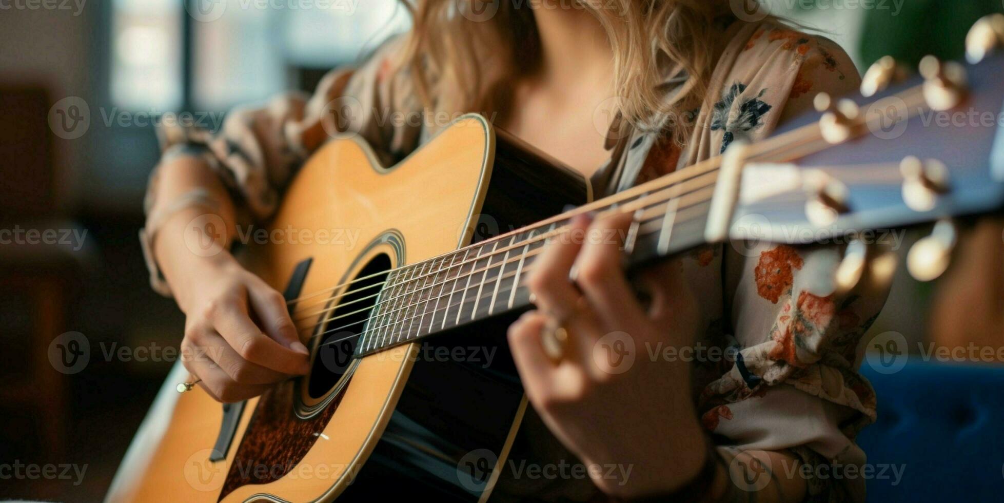A side view captures a female musician skillfully strumming an acoustic guitar. AI Generated photo