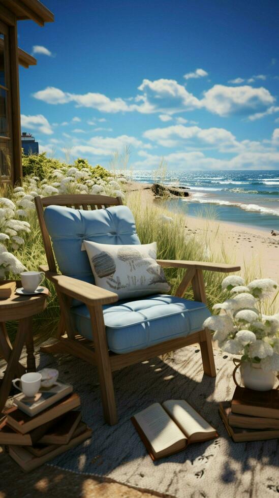 Seaside serenity Reading amid books and seascape, a tranquil summer escape Vertical Mobile Wallpaper AI Generated photo