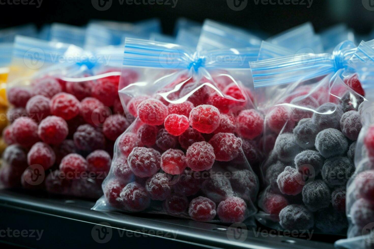 el plastico pantalones de congelado bayas desplegado pulcramente en un supermercados frío estante ai generado foto