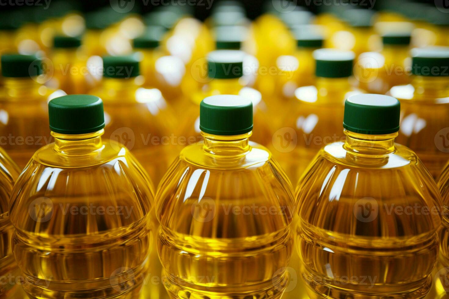 Vegetable oil bottles arranged in a pattern within a factory or store AI Generated photo