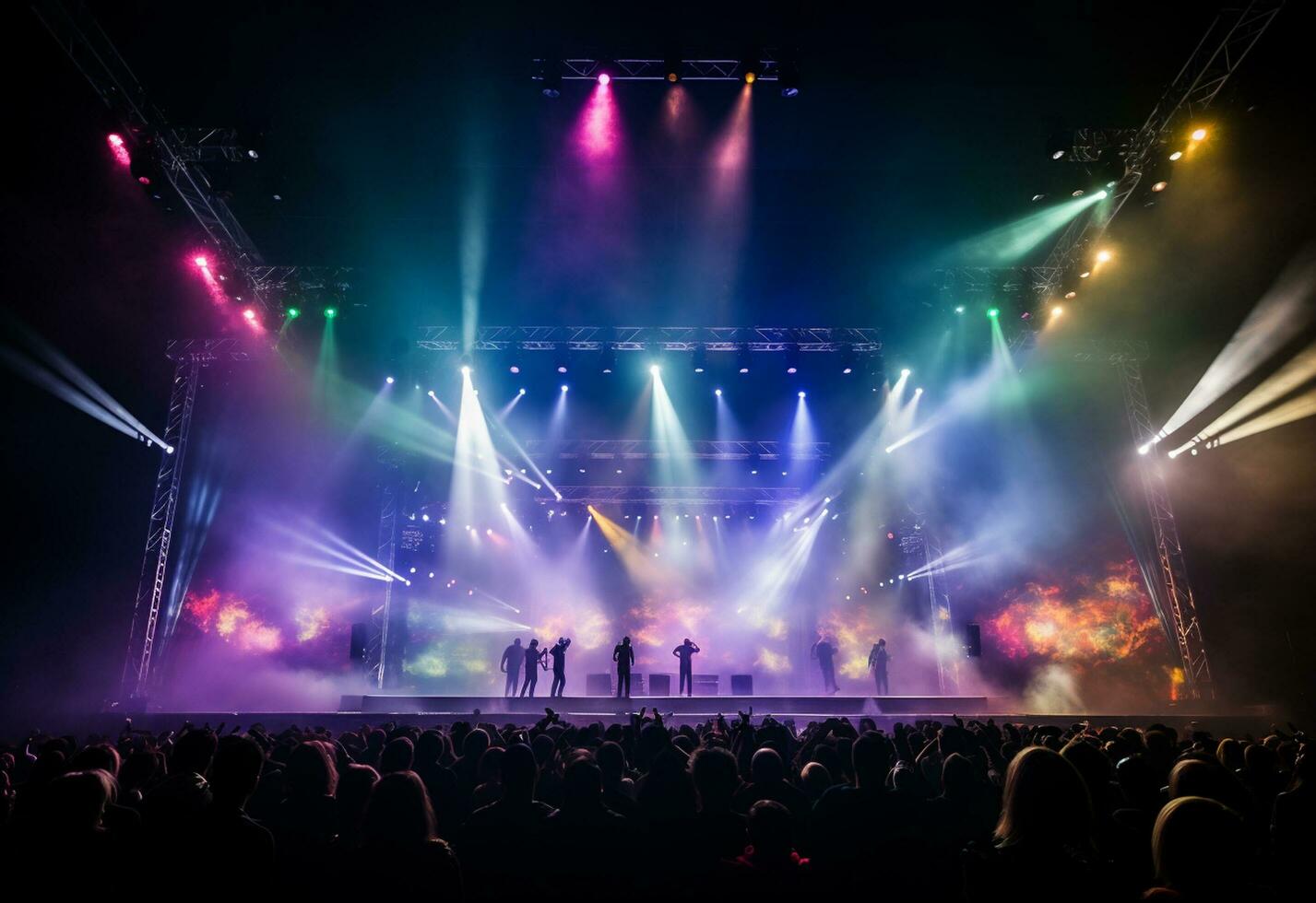 Ai generative Concert Stage Scenery With Spotlights Colored Lights Smoke photo