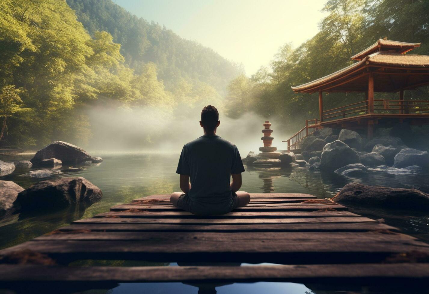 ai generative photo of a man practicing mindfulness and meditation in a peaceful natural environment sony A7s realistic image, ultra hd, high design very detailed