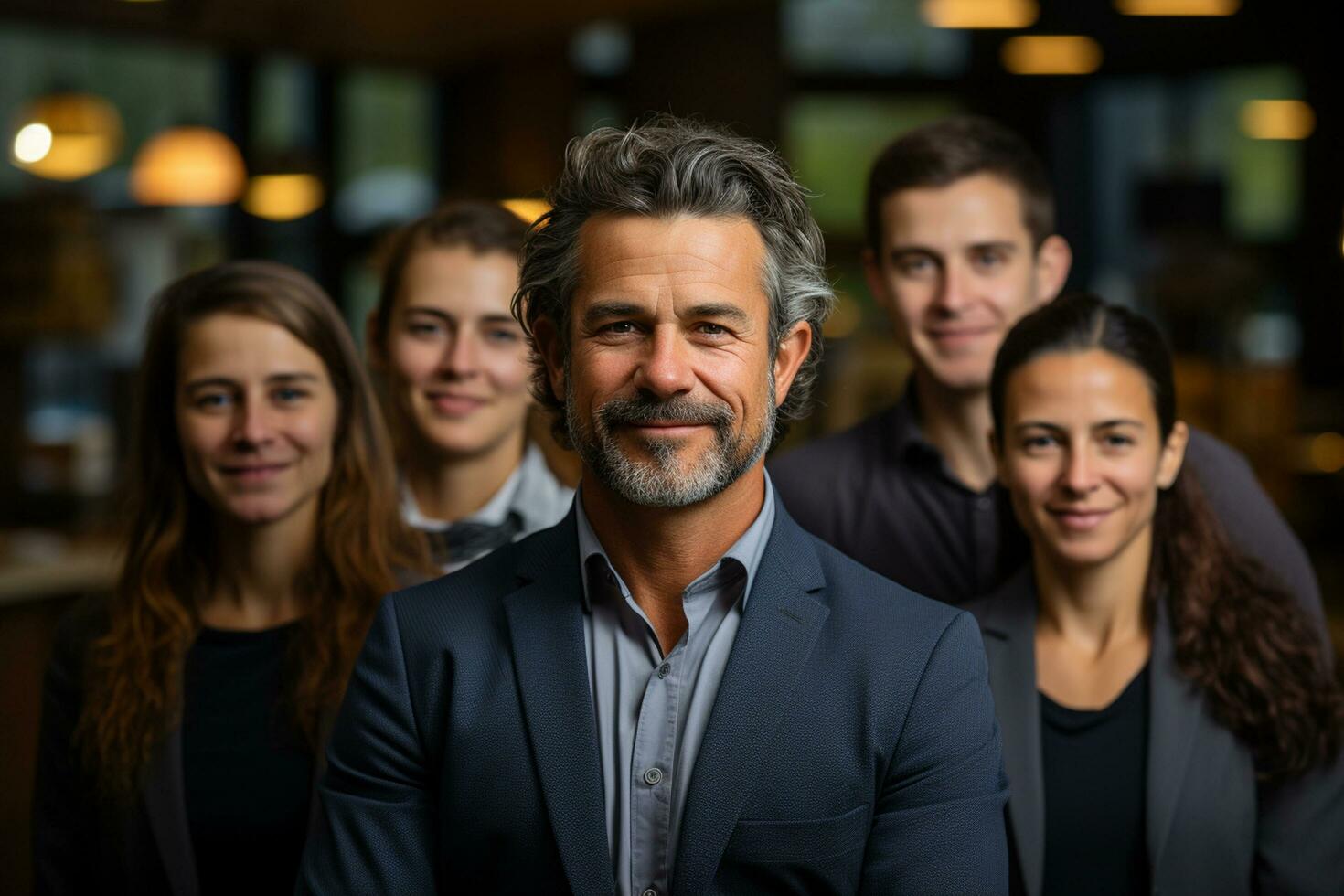 Ai Generative group of happy business man and business women, dressed in suits are smiling, in the office photo