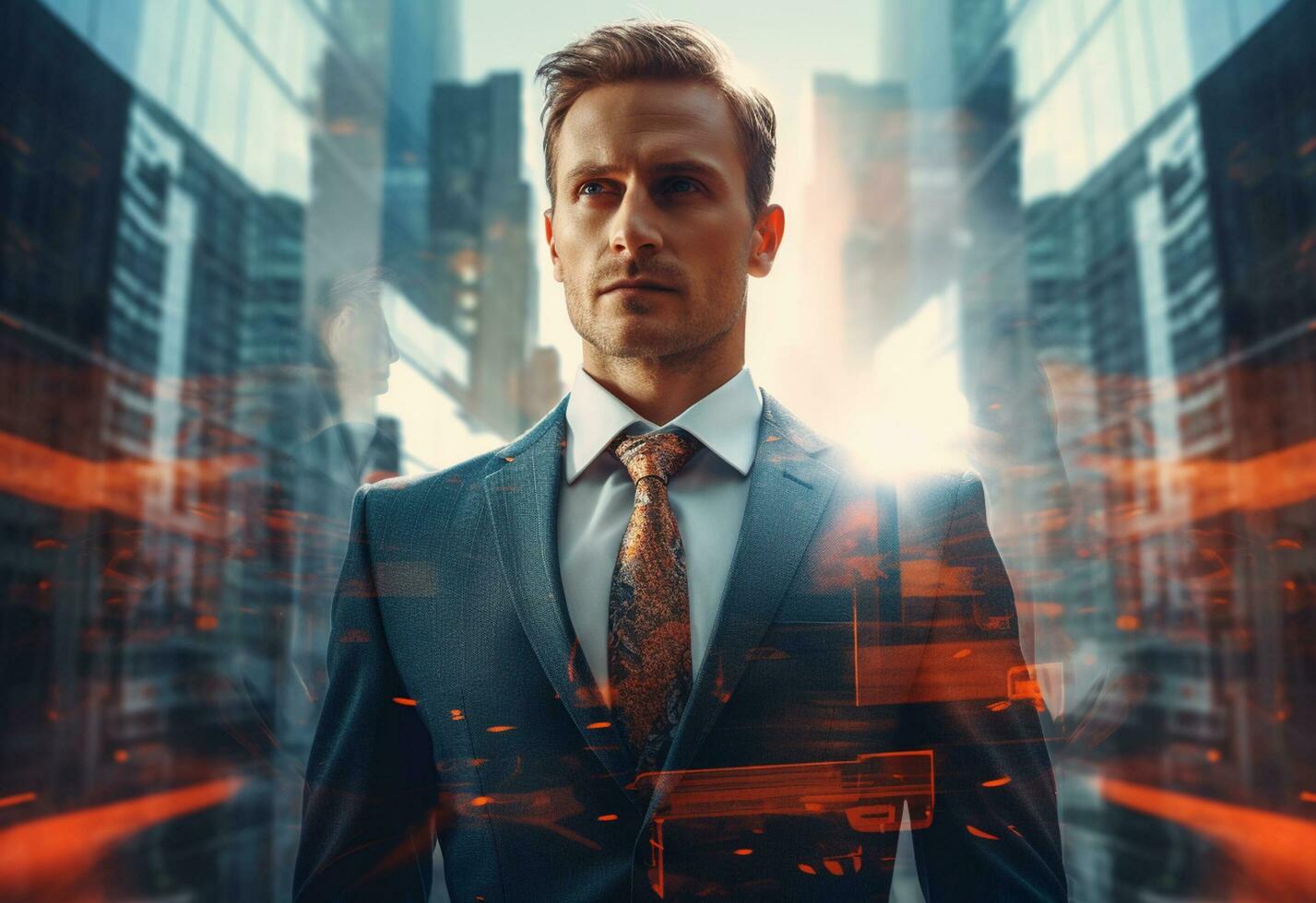 Ai generative A Double Exposure of a Businessman in the Cityscape Embodies Success and Future Plans photo